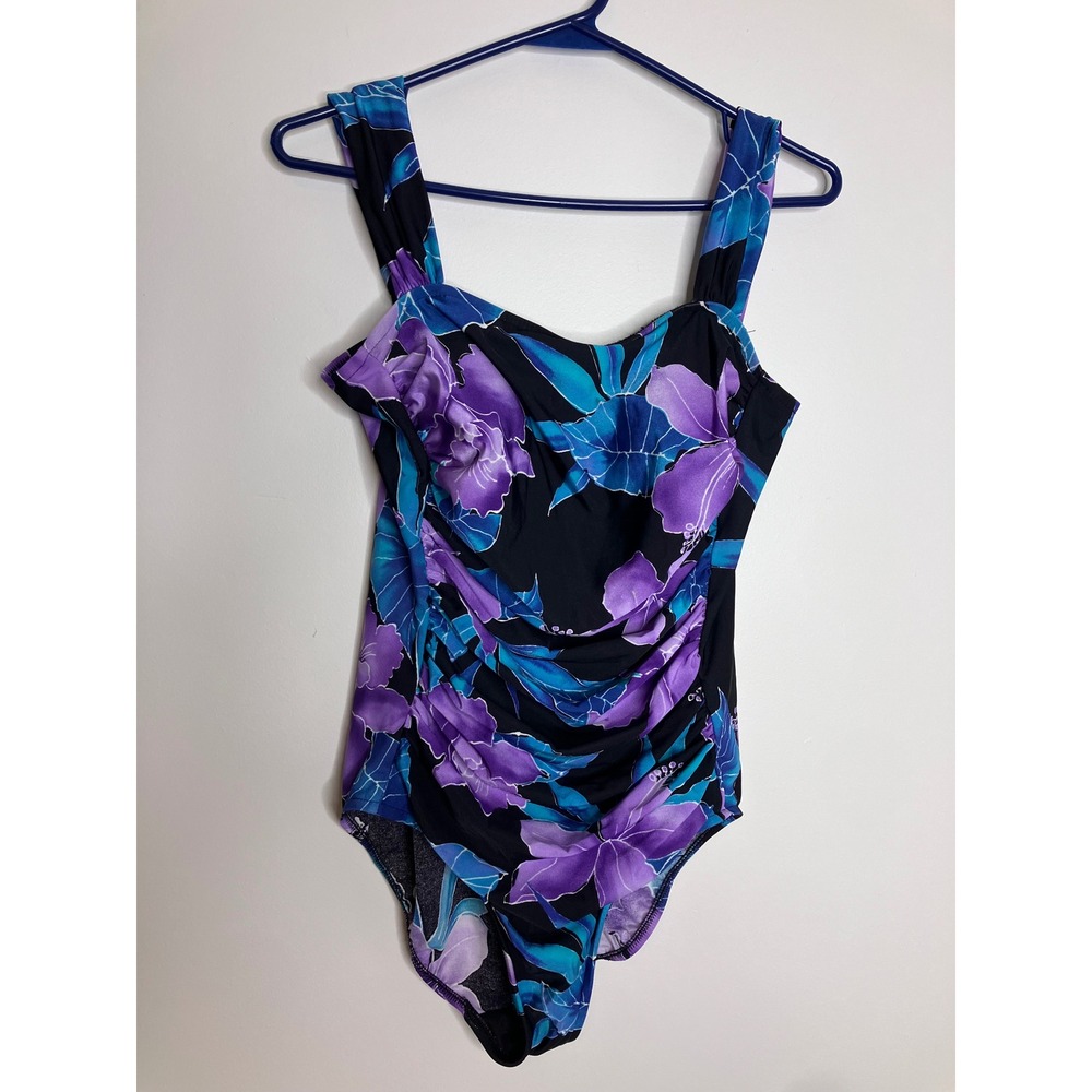 Trimshaper One Piece Swimsuit Women Size 12 Black Purple Floral Ruched Excellent